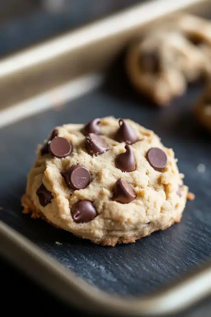 Chewy cookie dough - the image shows a single chocolate chip cookie on a black baking tray. the cookie is round and golden brown in color, with chocolate chips scattered throughout. the tray is lined with parchment paper, and there are a few more cookies visible in the background. the background is blurred, but it appears to be a kitchen countertop.