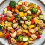 Chicken and veggie freezer packs - the image is a close-up of a plate of food. the plate is round and has a light blue rim. the food appears to be a stir-fry with chicken, zucchini, bell peppers, and broccoli. the chicken is cut into small cubes and is mixed with the vegetables. the vegetables are bright red and yellow, and they are arranged in a colorful and appetizing manner. the background is a white marble countertop.