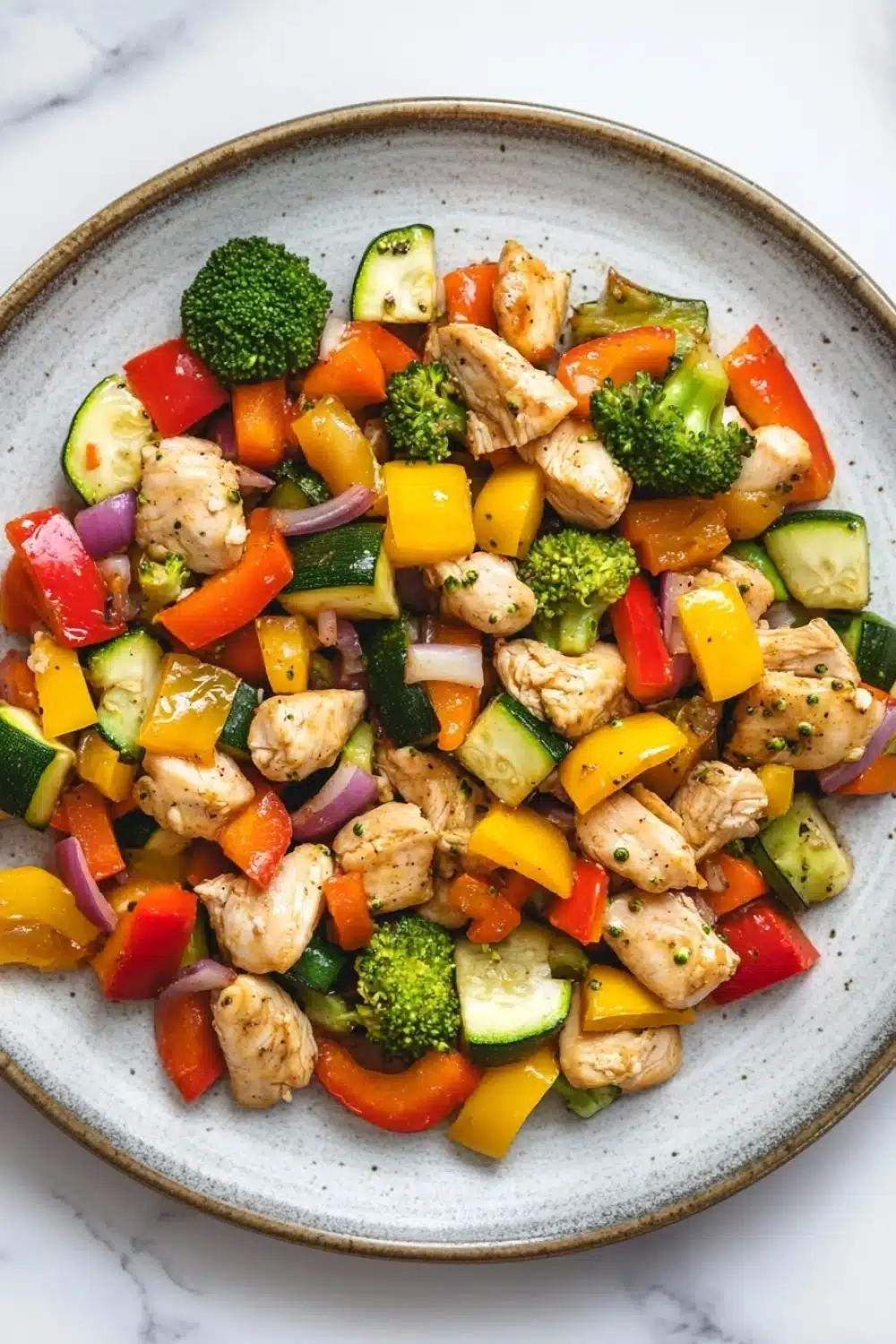 Chicken and veggie freezer packs - the image is a close-up of a plate of food. the plate is round and has a light blue rim. the food appears to be a stir-fry with chicken, zucchini, bell peppers, and broccoli. the chicken is cut into small cubes and is mixed with the vegetables. the vegetables are bright red and yellow, and they are arranged in a colorful and appetizing manner. the background is a white marble countertop.