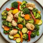 Chicken and veggie freezer packs - the image is a close-up of a plate of stir-fry with chicken and vegetables. the plate is round and has a light blue and white speckled pattern. the dish is made up of various types of vegetables, including broccoli, carrots, zucchini, bell peppers, and bell peppers. the chicken is cut into small cubes and appears to be seasoned with herbs and spices. the vegetables are mixed together in a colorful and appetizing manner, with some pieces overlapping each other. the colors of the vegetables are vibrant and the dish looks fresh and vibrant.