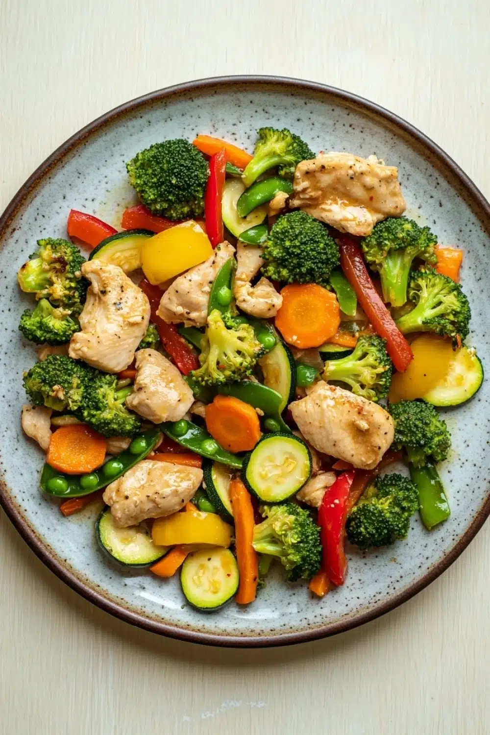 Chicken and veggie freezer packs - the image is a close-up of a plate of stir-fry with chicken and vegetables. the plate is round and has a light blue and white speckled pattern. the dish is made up of various types of vegetables, including broccoli, carrots, zucchini, bell peppers, and bell peppers. the chicken is cut into small cubes and appears to be seasoned with herbs and spices. the vegetables are mixed together in a colorful and appetizing manner, with some pieces overlapping each other. the colors of the vegetables are vibrant and the dish looks fresh and vibrant.