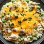 Chicken rice casserole crockpot - the image is a close-up of a plate of risotto with chicken and mushrooms. the risotto is white and fluffy, and the chicken is cooked to a golden brown color. the mushrooms are sliced and arranged on top of the risotto, and there are small green peas scattered throughout. the dish is garnished with a sprig of parsley. the plate is brown and has a textured surface. the background is a dark grey countertop.