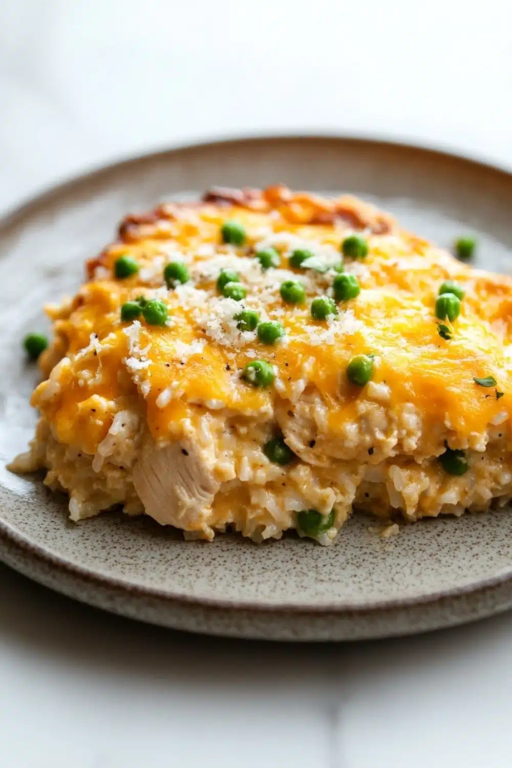 Chicken rice casserole crockpot - the image shows a plate of food on a white tablecloth. the plate is round and has a light brown color with a speckled pattern. on top of the plate, there is a serving of risotto with a layer of melted cheese on top. the cheese is a bright yellow color and appears to be melted and bubbly. there are small pieces of green peas scattered on top, adding a pop of color to the dish. the risotto is a creamy white color and looks fluffy and fluffy.