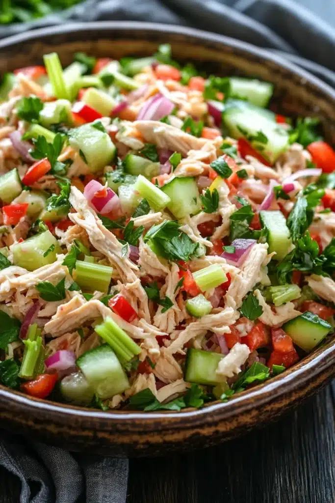 Chicken salad no mayo greek yogurt - the image is a close-up of a large bowl filled with a colorful salad. the salad appears to be made up of shredded chicken, sliced cucumbers, red onions, and green onions. the chicken is cut into small pieces and is mixed with a variety of vegetables, including red bell peppers, green celery, and red onions. there are also some cilantro leaves scattered throughout the salad, adding a pop of green color to the dish. the bowl is sitting on a dark wooden table with a gray cloth napkin on the side. the background is blurred, but it seems to be a kitchen countertop.