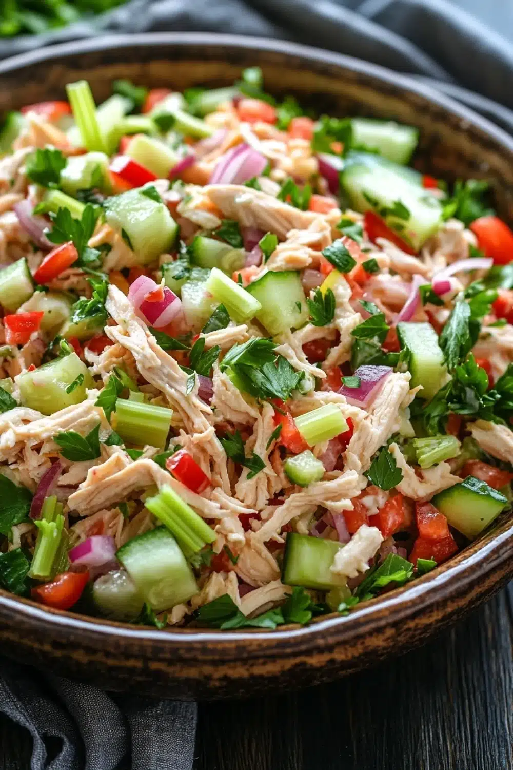 Chicken salad no mayo greek yogurt - the image is a close-up of a large bowl filled with a colorful salad. the salad appears to be made up of shredded chicken, sliced cucumbers, red onions, and green onions. the chicken is cut into small pieces and is mixed with a variety of vegetables, including red bell peppers, green celery, and red onions. there are also some cilantro leaves scattered throughout the salad, adding a pop of green color to the dish. the bowl is sitting on a dark wooden table with a gray cloth napkin on the side. the background is blurred, but it seems to be a kitchen countertop.