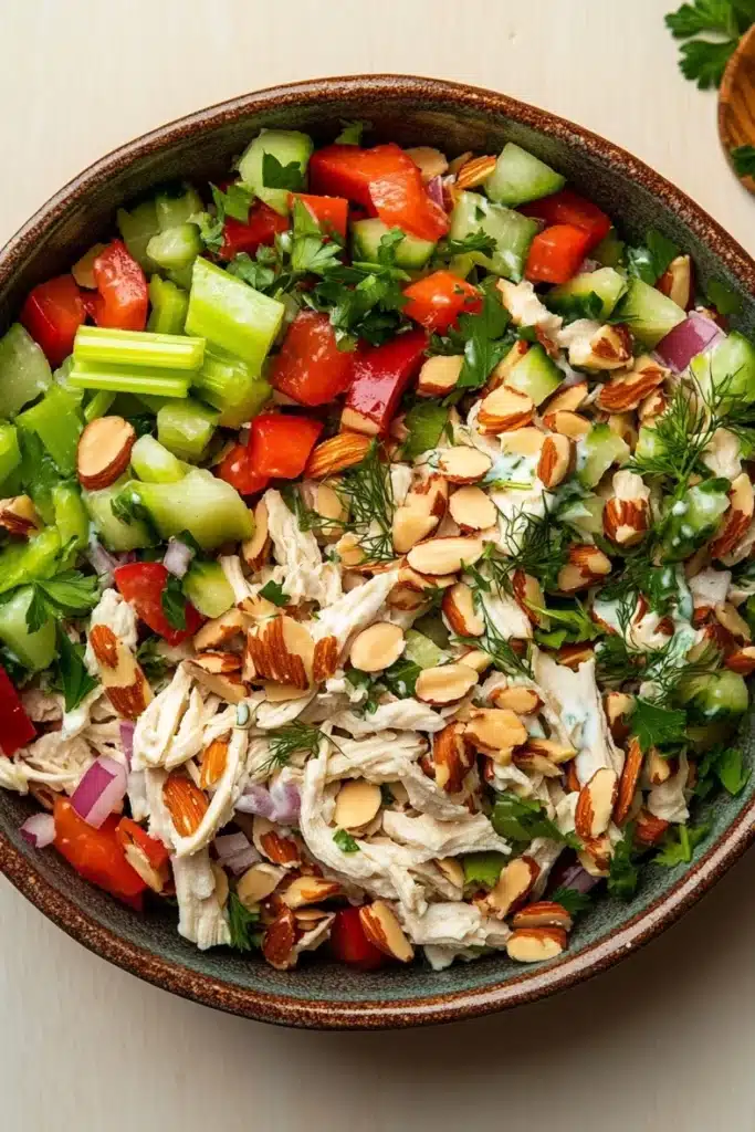 Chicken salad no mayo greek yogurt - the image is of a large bowl filled with a colorful salad. the salad is made up of various ingredients such as sliced cucumbers, red bell peppers, sliced onions, sliced almonds, and dill. the ingredients are mixed together in a creamy dressing, which appears to be chicken or chicken salad. there are also some fresh herbs and spices scattered throughout the salad, adding a pop of green color to the dish. the bowl is sitting on a wooden table, and there is a sprig of parsley on the side.