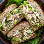 Chicken salad sandwich with yogurt - the image shows a wooden bowl filled with three slices of bread. the bread appears to be toasted and has a golden brown crust. inside the bread, there is a mixture of shredded chicken, diced celery, and red onions. the chicken is mixed with a creamy white sauce, which is drizzled over the top. the salad is garnished with fresh green lettuce leaves. the bowl is sitting on a dark grey surface.