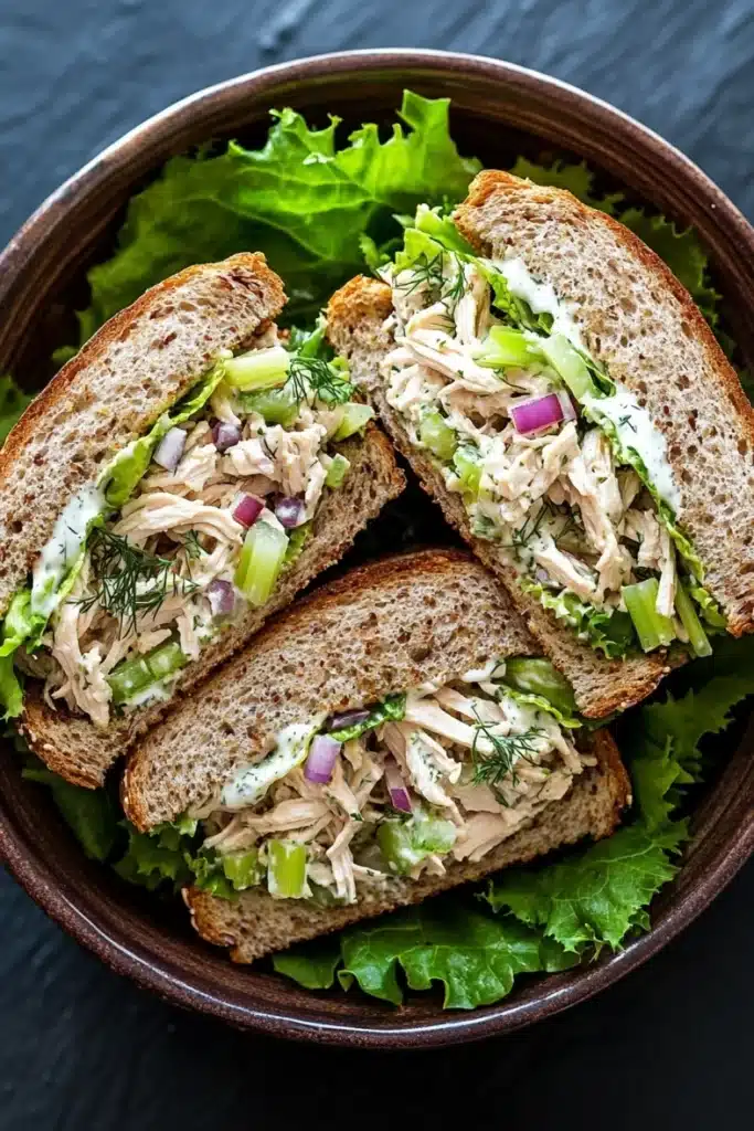 Chicken salad sandwich with yogurt - the image shows a wooden bowl filled with three slices of bread. the bread appears to be toasted and has a golden brown crust. inside the bread, there is a mixture of shredded chicken, diced celery, and red onions. the chicken is mixed with a creamy white sauce, which is drizzled over the top. the salad is garnished with fresh green lettuce leaves. the bowl is sitting on a dark grey surface.