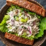 Chicken salad sandwich with yogurt - the image shows a sandwich in a brown ceramic bowl. the sandwich is made with two slices of toasted bread and is filled with a salad. the salad appears to be made with shredded chicken, celery, and red onions. the bowl is sitting on a dark grey countertop.