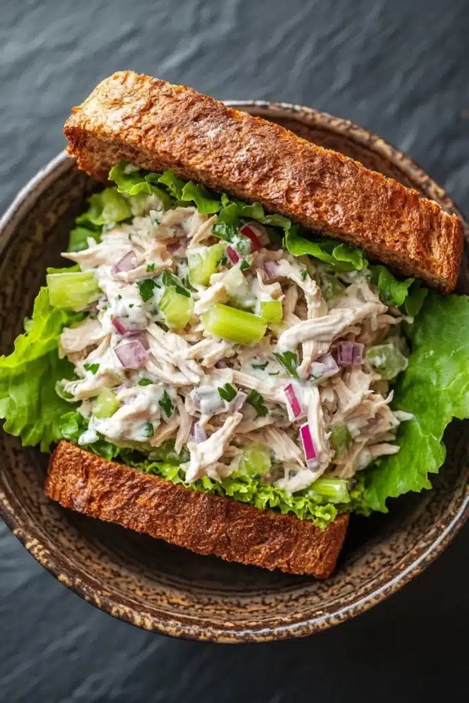 Chicken salad sandwich with yogurt - the image shows a sandwich in a brown ceramic bowl. the sandwich is made with two slices of toasted bread and is filled with a salad. the salad appears to be made with shredded chicken, celery, and red onions. the bowl is sitting on a dark grey countertop.