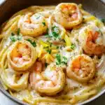 Creamy cajun shrimp scampi over pasta - the image is a close-up of a bowl of pasta dish. the pasta appears to be fettuccine alfredo, with a creamy white sauce and chunks of shrimp scattered throughout. the shrimp are cooked medium-sized and have a pinkish-orange color. they are arranged in a circular pattern on top of the pasta, with some overlapping each other. the dish is garnished with chopped parsley and a sprinkle of herbs. the bowl is made of dark brown ceramic and is sitting on a white marble countertop.