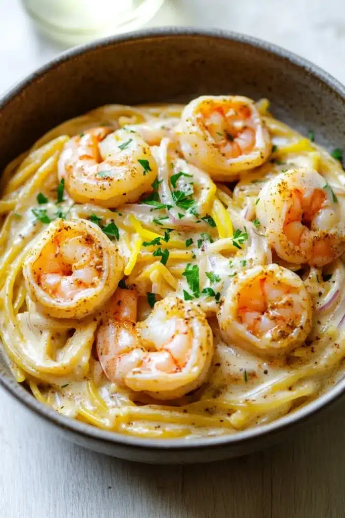 Creamy cajun shrimp scampi over pasta - the image is a close-up of a bowl of pasta dish. the pasta appears to be fettuccine alfredo, with a creamy white sauce and chunks of shrimp scattered throughout. the shrimp are cooked medium-sized and have a pinkish-orange color. they are arranged in a circular pattern on top of the pasta, with some overlapping each other. the dish is garnished with chopped parsley and a sprinkle of herbs. the bowl is made of dark brown ceramic and is sitting on a white marble countertop.