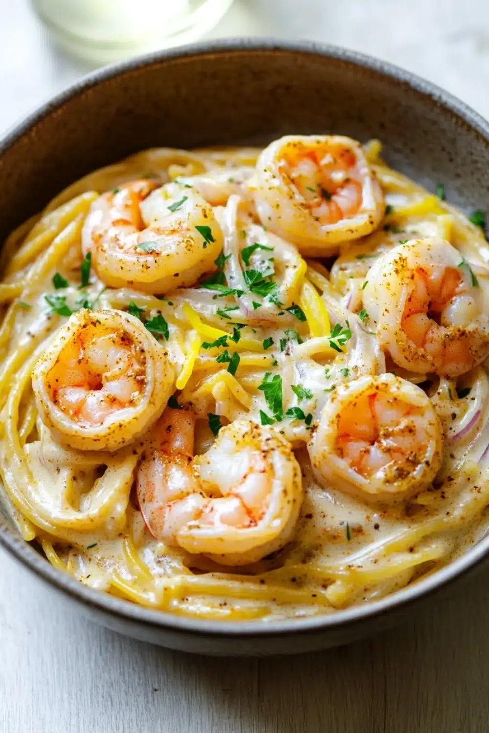 Creamy cajun shrimp scampi over pasta - the image is a close-up of a bowl of pasta dish. the pasta appears to be fettuccine alfredo, with a creamy white sauce and chunks of shrimp scattered throughout. the shrimp are cooked medium-sized and have a pinkish-orange color. they are arranged in a circular pattern on top of the pasta, with some overlapping each other. the dish is garnished with chopped parsley and a sprinkle of herbs. the bowl is made of dark brown ceramic and is sitting on a white marble countertop.