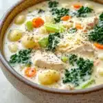 Creamy chicken gnocchi kale soup - the image is a close-up of a bowl of soup. the soup appears to be a creamy white color with chunks of chicken and vegetables mixed in. the bowl is made of ceramic and has a speckled pattern on the rim. there are also small chunks of carrots, celery, and kale scattered throughout the soup. on top of the soup, there is a sprinkle of grated cheese. the background is a light beige color, and the bowl is sitting on a wooden surface.