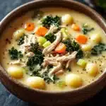 Creamy chicken gnocchi kale soup - the image is a close-up of a bowl of soup. the soup appears to be a creamy yellow color with chunks of chicken and vegetables mixed in. the bowl is made of ceramic and is sitting on a dark grey countertop. there are also small chunks of carrots, celery, and chickpeas scattered throughout the soup, as well as some herbs and spices. a white napkin is visible on the right side of the image.