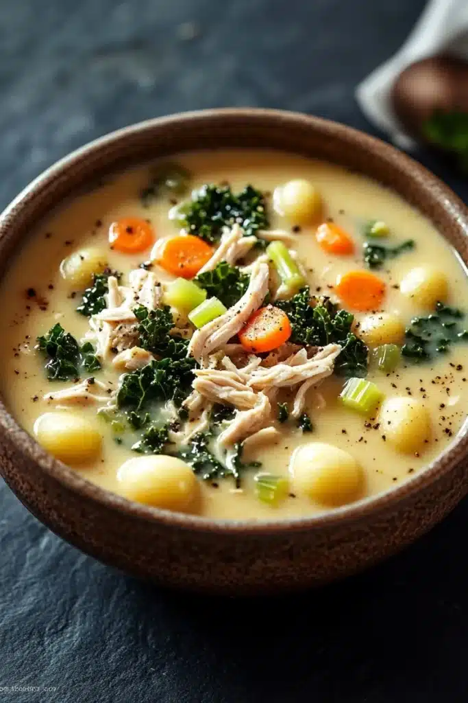 Creamy chicken gnocchi kale soup - the image is a close-up of a bowl of soup. the soup appears to be a creamy yellow color with chunks of chicken and vegetables mixed in. the bowl is made of ceramic and is sitting on a dark grey countertop. there are also small chunks of carrots, celery, and chickpeas scattered throughout the soup, as well as some herbs and spices. a white napkin is visible on the right side of the image.