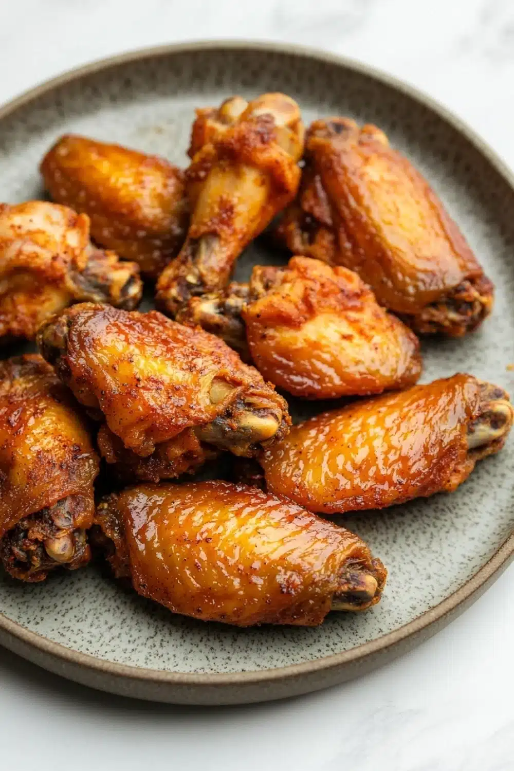 Crispy chicken wings baked - the image shows a plate of baked chicken wings. the wings are golden brown and appear to be crispy on the outside. they are arranged in a circular pattern on the plate, with some overlapping each other. the plate is made of a light-colored ceramic or porcelain material with a speckled texture. the background is a white marble countertop.