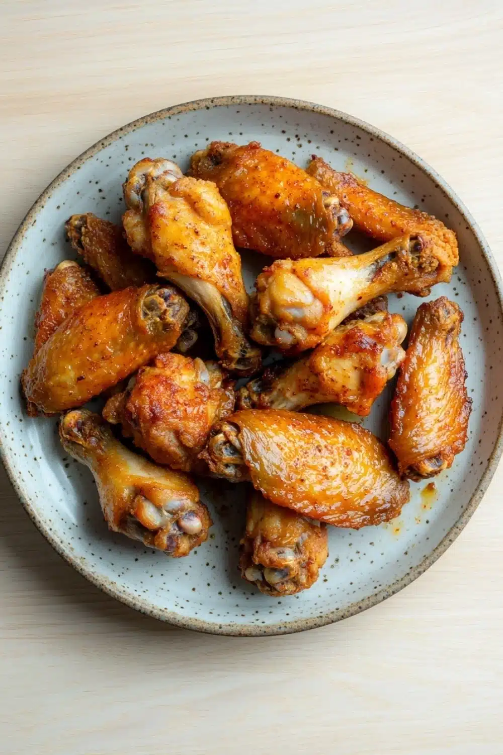 Crispy chicken wings baked - the image shows a plate of cooked chicken wings. the wings are golden brown and appear to be seasoned with herbs and spices. they are arranged in a circular pattern on the plate, with some overlapping each other. the plate is white with a light blue speckled pattern around the edges. the background is a wooden table.
