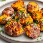 Crispy smashed sweet potatoes air fryer - the image shows a plate of roasted sweet potatoes. the potatoes are golden brown and have a crispy texture. they are garnished with chopped parsley, adding a pop of green color to the dish. the plate is white and the background is blurred, making the potatoes the focal point of the image.