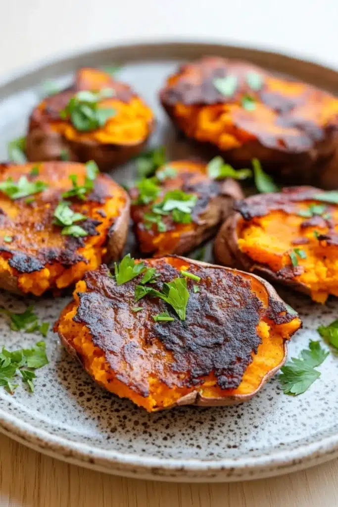 Crispy smashed sweet potatoes air fryer - the image shows a plate of roasted sweet potatoes. the sweet potatoes are golden brown and appear to be seasoned with herbs and spices. they are arranged in a circular pattern on the plate, with some overlapping each other. the plate is made of light-colored wood and has a speckled texture. there are also a few sprigs of fresh parsley scattered around the plate. the background is blurred, but it appears to be a wooden table.