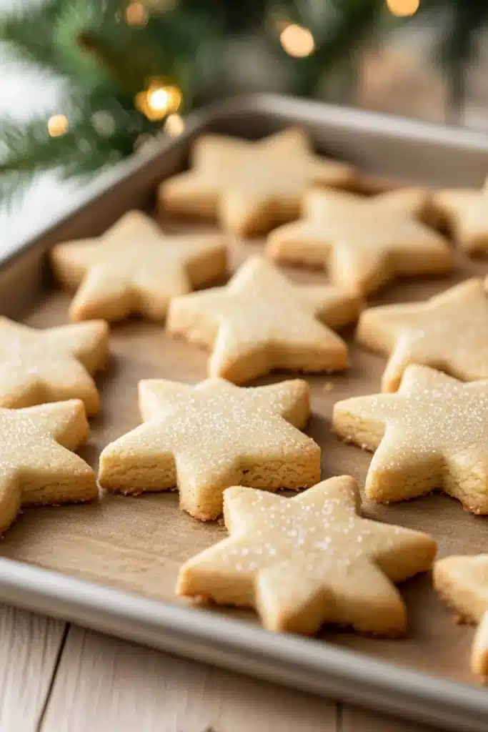 Crispy sugar cookie cut out - the image shows a baking tray lined with freshly baked star-shaped cookies. the cookies are golden brown in color and have a light dusting of powdered sugar on top. the tray is placed on a wooden table with a small christmas tree in the background. the tree is decorated with small white lights, giving it a warm and cozy feel. the overall mood of the image is festive and cozy.