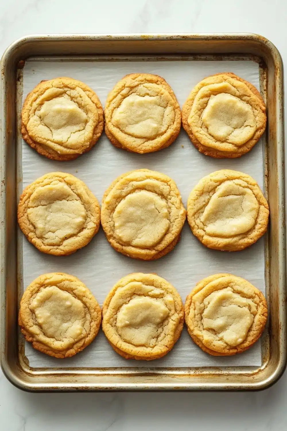 Crispy sugar cookie cut out - the image shows a baking tray lined with parchment paper. on the tray, there are nine round cookies arranged in a single row. the cookies appear to be freshly baked and have a golden brown color. each cookie has a crumbly texture on top, with a small indentation in the center. the parchment paper is white and has a textured surface. the tray is sitting on a white marble countertop.