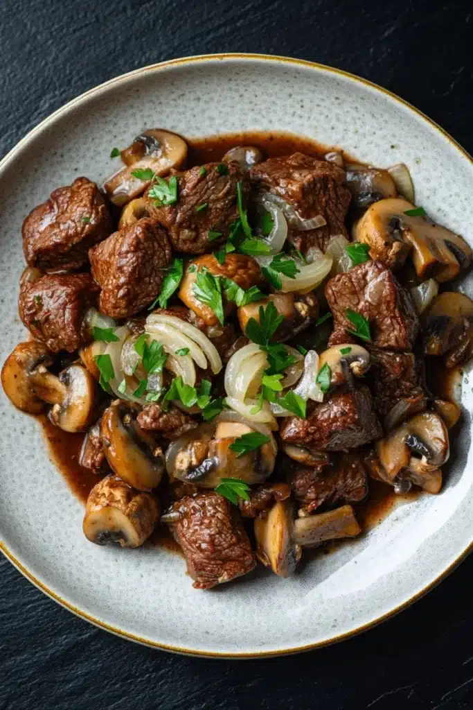 Crock pot beef mushrooms - the image is a close-up of a plate of food. the plate is white with a gold rim and is placed on a black table. the food appears to be a dish made with chunks of beef, sliced onions, and mushrooms. the beef is cooked in a rich, dark brown sauce and is garnished with chopped parsley. the mushrooms are sliced and have a light brown color. the dish looks appetizing and ready to eat.