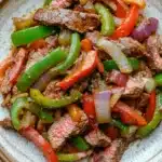 Crock pot beef pepper steak - the image is a close-up of a plate of food. the plate is round and has a light brown rim. the food appears to be a stir-fry with sliced beef, red and green bell peppers, and sliced onions. the beef is cooked medium-rare and the bell peppers are bright red and yellow. the onions are sliced into thin strips and are scattered throughout the dish. the dish is garnished with sesame seeds. the background is a wooden table.