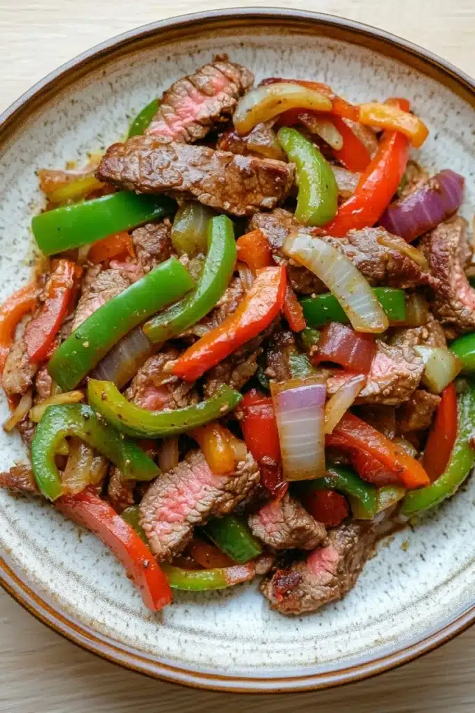 Crock pot beef pepper steak - the image is a close-up of a plate of food. the plate is round and has a light brown rim. the food appears to be a stir-fry with sliced beef, red and green bell peppers, and sliced onions. the beef is cooked medium-rare and the bell peppers are bright red and yellow. the onions are sliced into thin strips and are scattered throughout the dish. the dish is garnished with sesame seeds. the background is a wooden table.