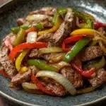 Crock pot beef pepper steak - the image is a close-up of a plate of food. the plate is black and has a textured surface. the food appears to be a stir-fry dish with chunks of beef, sliced red and yellow bell peppers, and sliced onions. the beef is cooked medium-rare and the bell peppers are bright red, yellow, and green. the onions are sliced into thin strips and are arranged in a pile on top of the beef. the dish is garnished with a sprinkle of herbs and spices. the background is a wooden table.