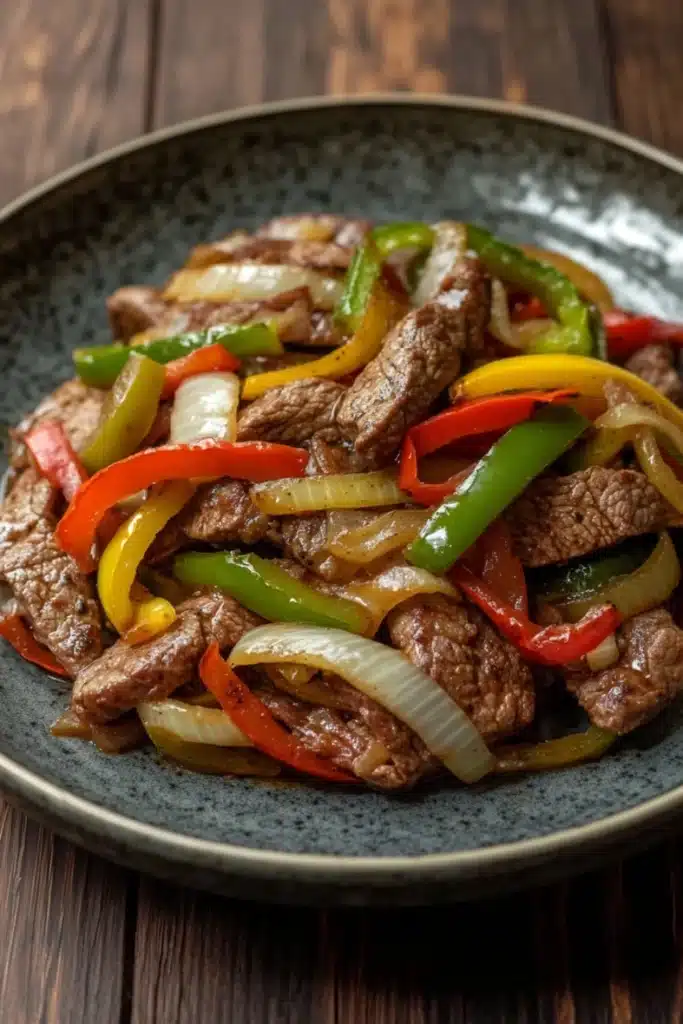 Crock pot beef pepper steak - the image is a close-up of a plate of food. the plate is black and has a textured surface. the food appears to be a stir-fry dish with chunks of beef, sliced red and yellow bell peppers, and sliced onions. the beef is cooked medium-rare and the bell peppers are bright red, yellow, and green. the onions are sliced into thin strips and are arranged in a pile on top of the beef. the dish is garnished with a sprinkle of herbs and spices. the background is a wooden table.