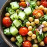 Cucumber tomato salad garbanzo - the image is a close-up of a bowl of salad. the bowl is made of dark brown ceramic and is placed on a dark grey countertop. the salad is made up of various ingredients, including sliced cucumbers, cherry tomatoes, chickpeas, and red onions. there are also some fresh cilantro leaves scattered throughout the salad.