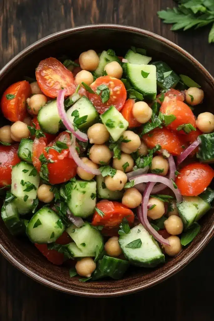 Cucumber tomato salad garbanzo - the image is a close-up of a bowl of salad. the bowl is made of dark brown ceramic and is placed on a wooden table. the salad is made up of diced tomatoes, cucumbers, chickpeas, red onions, and fresh herbs. the tomatoes are bright red and appear to be ripe and juicy. the cucumbers are cut into small cubes and are scattered throughout the salad, while the red onions are sliced into thin strips. the herbs are finely chopped and add a pop of green color to the dish. there are also a few sprigs of parsley scattered around the bowl.