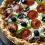 Deep dish pizza pot pie - the image is of a freshly baked pizza on a wooden cutting board. the pizza has a golden brown crust and is topped with a variety of toppings, including pepperoni, mushrooms, green bell peppers, and black olives. the toppings are arranged in a circular pattern on top of the pizza, with some overlapping each other. the background is a dark grey countertop.