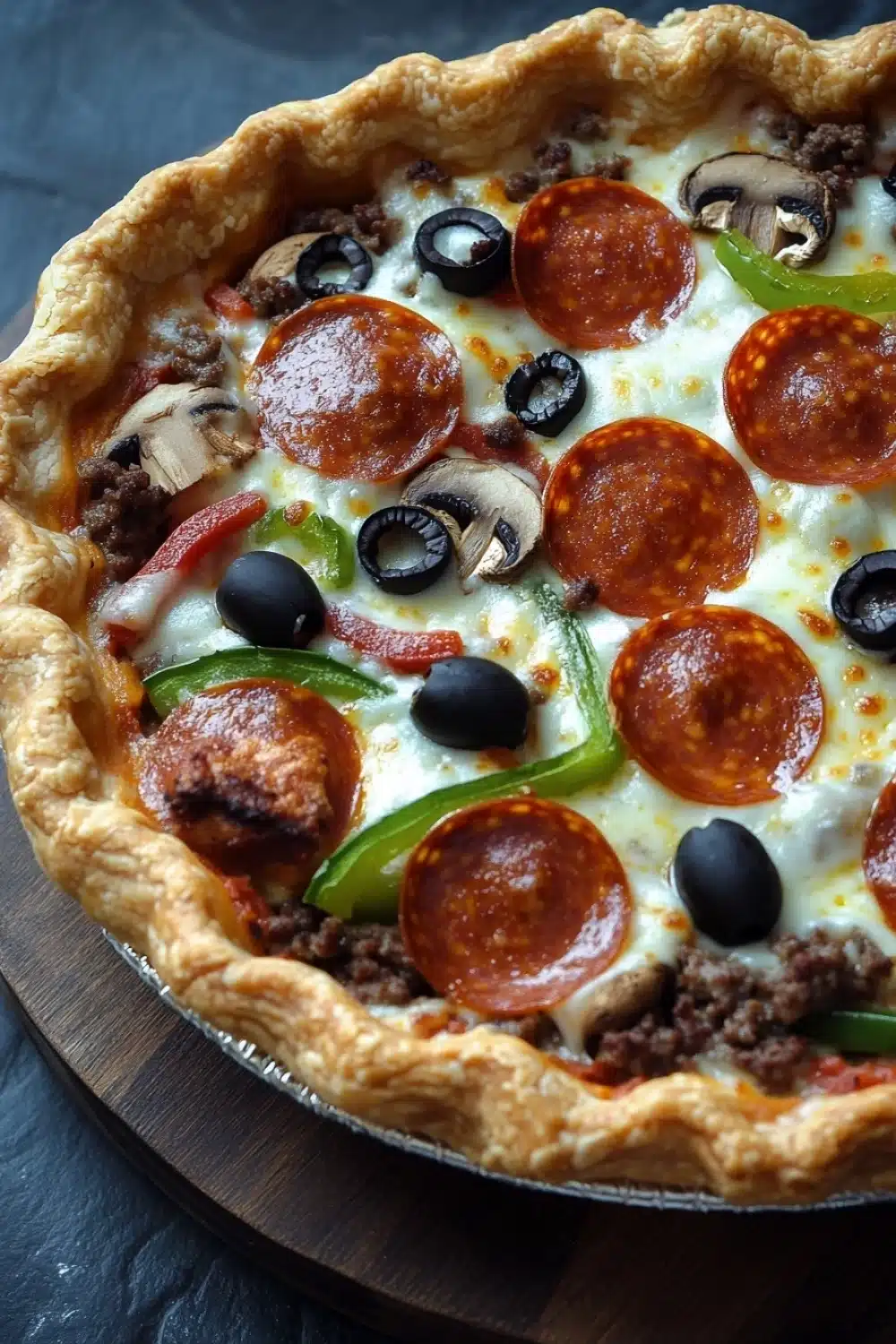 Deep dish pizza pot pie - the image is of a freshly baked pizza on a wooden cutting board. the pizza has a golden brown crust and is topped with a variety of toppings, including pepperoni, mushrooms, green bell peppers, and black olives. the toppings are arranged in a circular pattern on top of the pizza, with some overlapping each other. the background is a dark grey countertop.
