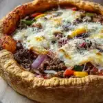 Deep dish pizza pot pie - the image is of a freshly baked pizza on a wooden cutting board. the pizza has a golden brown crust and is topped with melted cheese and various toppings such as sausage, red onions, yellow bell peppers, and mushrooms. the toppings are arranged in a circular pattern around the edges of the crust. the background is blurred, but it appears to be a wooden table.