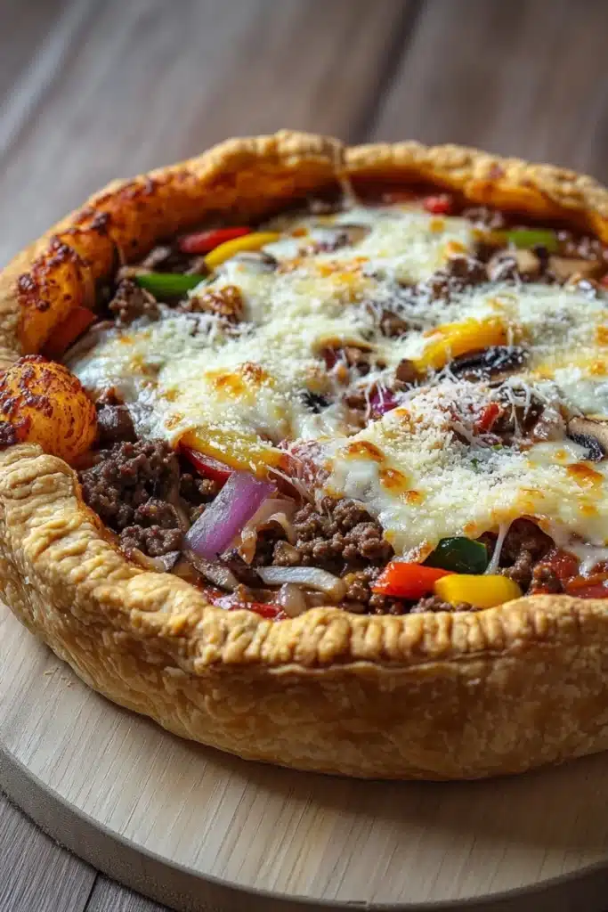 Deep dish pizza pot pie - the image is of a freshly baked pizza on a wooden cutting board. the pizza has a golden brown crust and is topped with melted cheese and various toppings such as sausage, red onions, yellow bell peppers, and mushrooms. the toppings are arranged in a circular pattern around the edges of the crust. the background is blurred, but it appears to be a wooden table.
