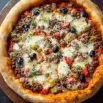 Deep dish pizza tattoo - the image is a close-up of a pizza on a wooden plate. the pizza is round and has a golden-brown crust. it is topped with a generous amount of melted cheese, which is spread evenly over the top of the pizza. the cheese appears to be melted and bubbly, and there are various toppings such as black olives, red bell peppers, and green onions scattered throughout the dish. the toppings are arranged in a circular pattern, with some overlapping each other. the plate is sitting on a dark wooden table.