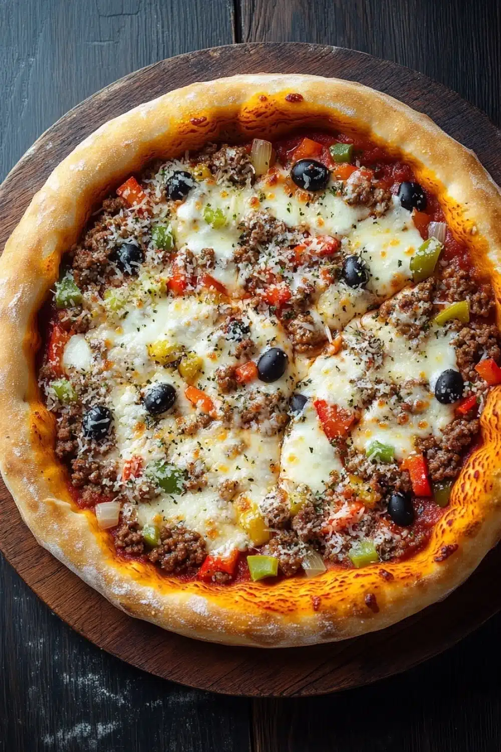 Deep dish pizza tattoo - the image is a close-up of a pizza on a wooden plate. the pizza is round and has a golden-brown crust. it is topped with a generous amount of melted cheese, which is spread evenly over the top of the pizza. the cheese appears to be melted and bubbly, and there are various toppings such as black olives, red bell peppers, and green onions scattered throughout the dish. the toppings are arranged in a circular pattern, with some overlapping each other. the plate is sitting on a dark wooden table.