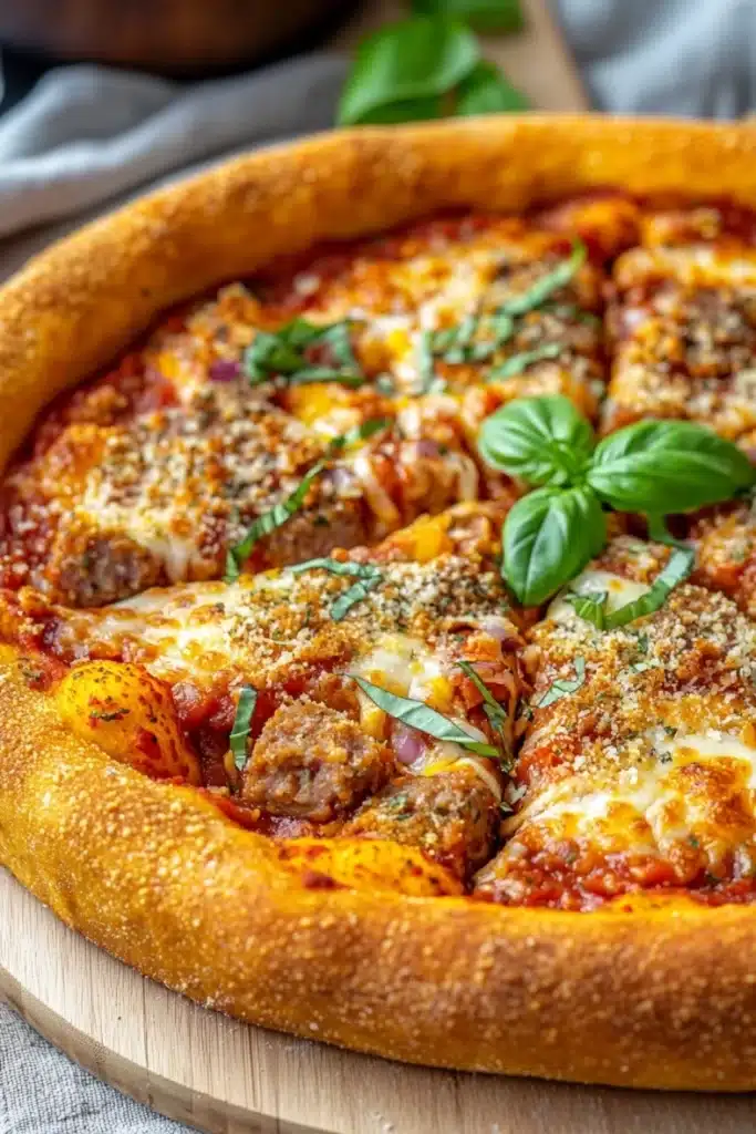 Deep dish pizza tattoo - the image is of a freshly baked pizza on a wooden cutting board. the pizza has a golden brown crust and is topped with melted cheese, tomato sauce, and chunks of meatballs. there are also fresh basil leaves scattered on top of the pizza. the background is blurred, but it appears to be a kitchen countertop with a white cloth napkin and a wooden spoon.