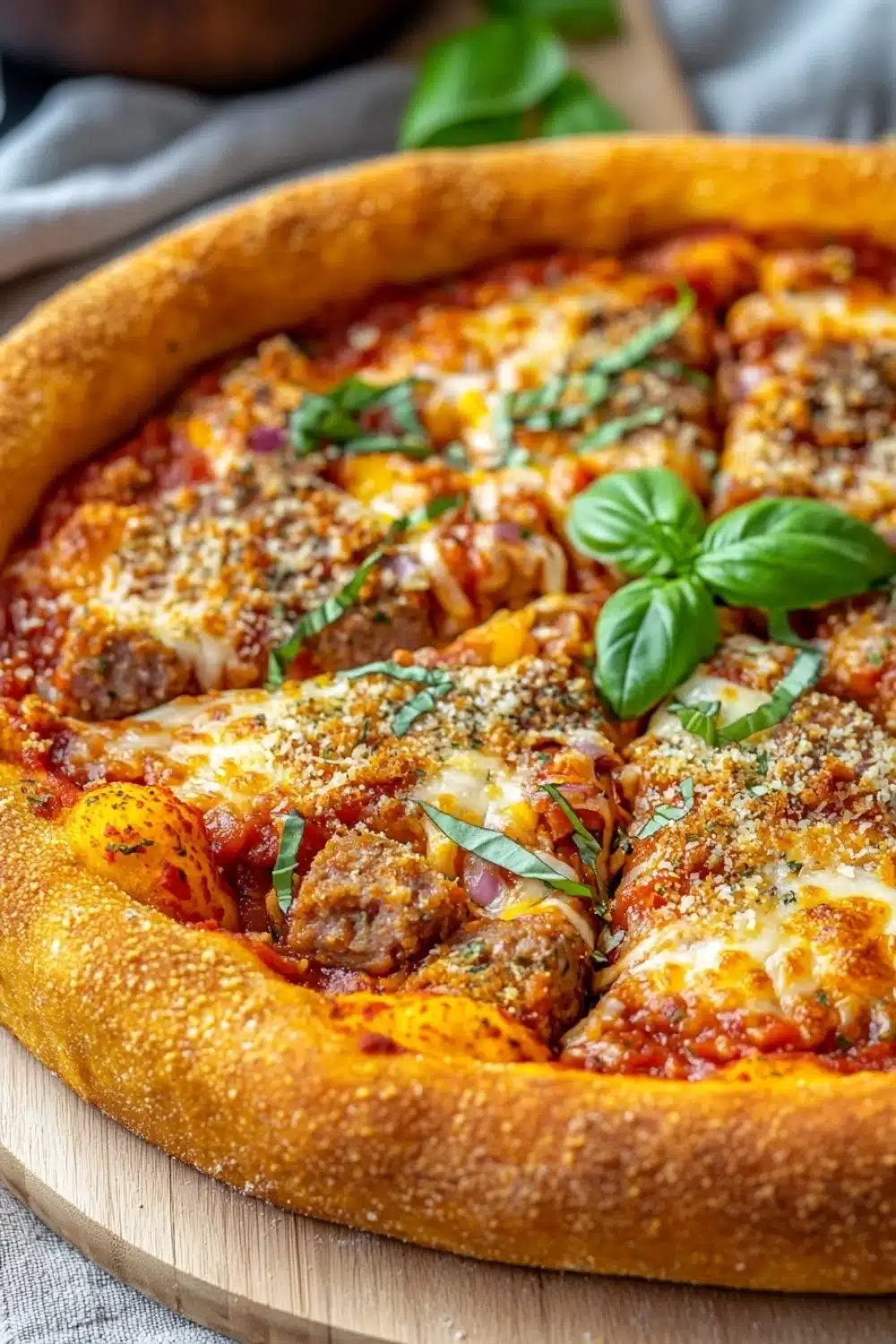 Deep dish pizza tattoo - the image is of a freshly baked pizza on a wooden cutting board. the pizza has a golden brown crust and is topped with melted cheese, tomato sauce, and chunks of meatballs. there are also fresh basil leaves scattered on top of the pizza. the background is blurred, but it appears to be a kitchen countertop with a white cloth napkin and a wooden spoon.