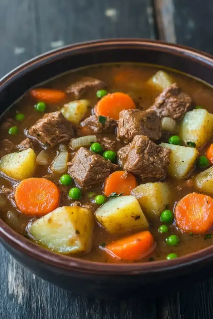 Freezer beef stew crock pot - the image is a close-up of a bowl of beef stew. the stew is made with chunks of beef, potatoes, carrots, and peas. the beef appears to be cooked medium-rare and has a reddish-brown color. the potatoes are yellow and appear to be seasoned with herbs and spices. the carrots are bright orange and the peas are green. the bowl is made of dark brown ceramic and is sitting on a wooden table. the background is blurred, making the stew the focal point of the image.