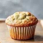Green apple muffin - the image is of a freshly baked muffin on a wooden tray. the muffin is golden brown in color and has a crumbly texture. it is topped with a sprinkle of green zucchini, which is visible on top of the muffin. the tray is placed on a gray countertop with a blurred background. the overall mood of the image is warm and inviting.