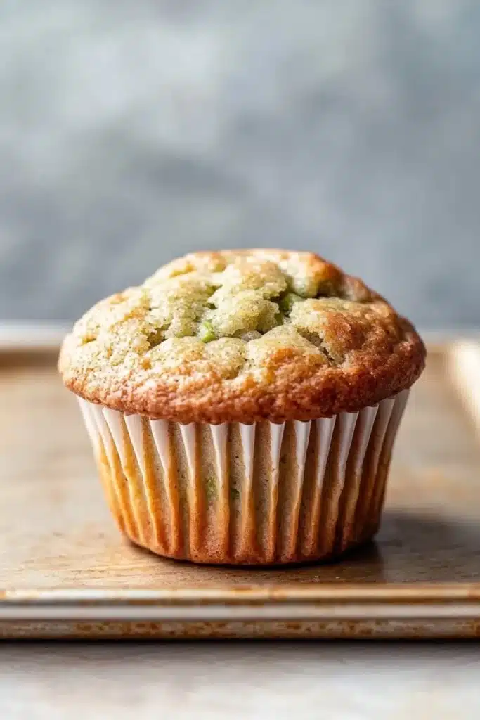 Green apple muffin - the image is of a freshly baked muffin on a wooden tray. the muffin is golden brown in color and has a crumbly texture. it is topped with a sprinkle of green zucchini, which is visible on top of the muffin. the tray is placed on a gray countertop with a blurred background. the overall mood of the image is warm and inviting.
