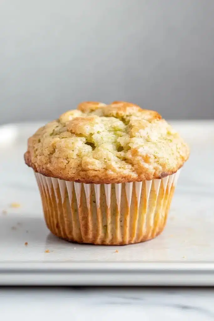 Green apple muffin - the image is of a freshly baked muffin on a white plate. the muffin is golden brown in color and has a crumbly texture. it appears to be a muffin with a light dusting of powdered sugar on top. the plate is sitting on a marble countertop with a gray background. the overall mood of the image is warm and inviting.