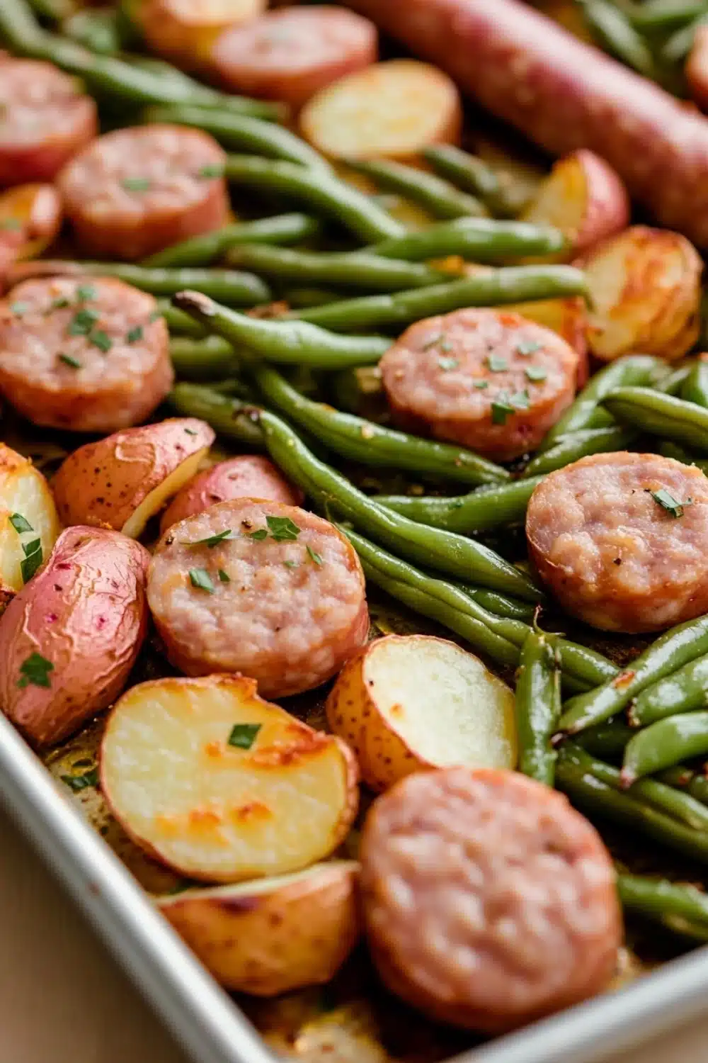 Green bean sausage sheet pan dinner - the image shows a baking tray filled with cooked potatoes and green beans. the potatoes are golden brown and appear to be seasoned with herbs and spices. the green beans are long and slender, and they are arranged in a pile on top of the potatoes. there are also some small pieces of sausage scattered throughout the dish. the tray is lined with parchment paper, and the background is blurred, but it appears to be a kitchen countertop.