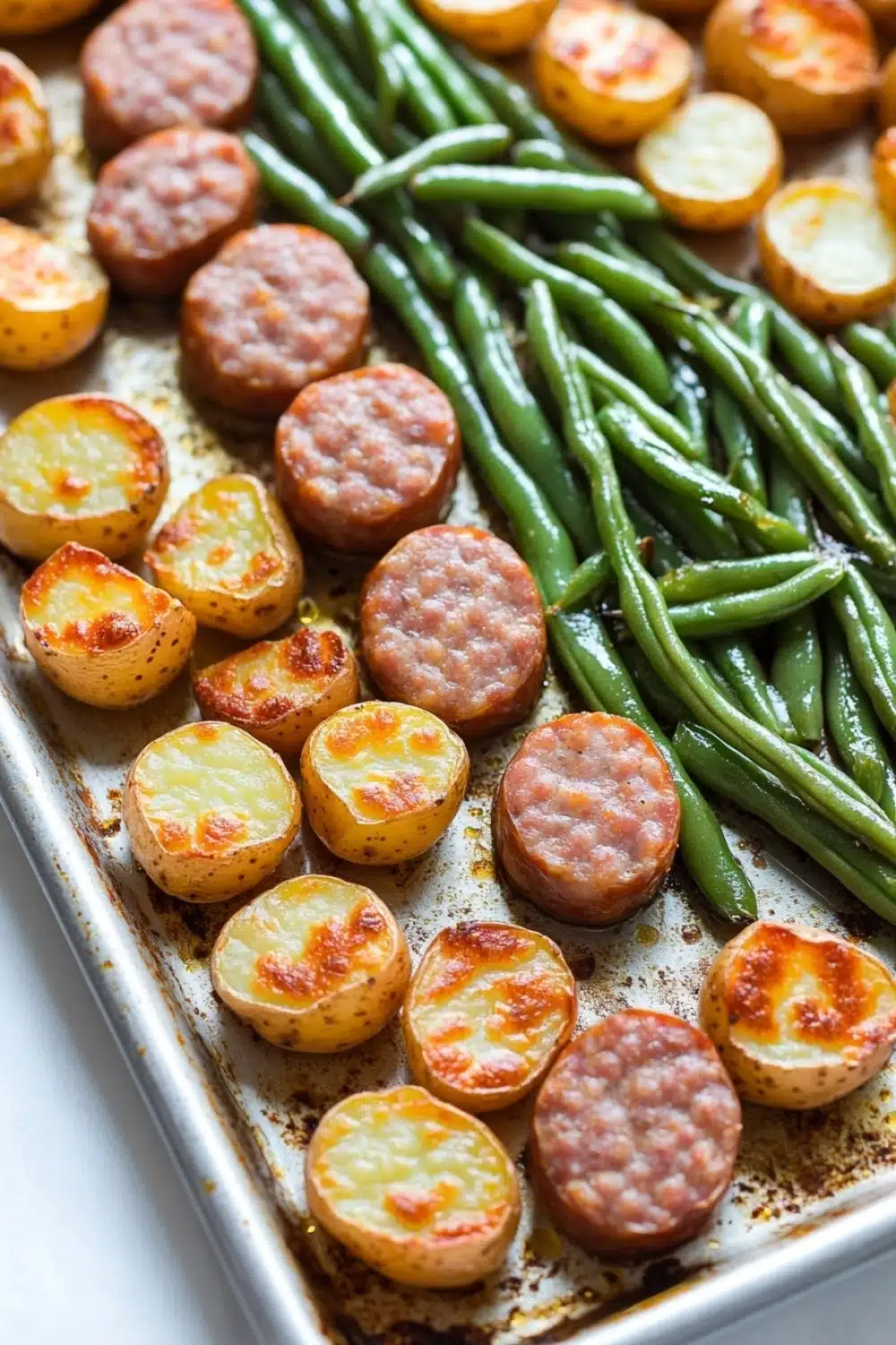Green bean sausage sheet pan dinner - the image shows a baking tray filled with roasted potatoes and green beans. the potatoes are golden brown and appear to be seasoned with herbs and spices. the green beans are long and slender, and they are arranged in a pile on the tray. the tray is lined with parchment paper, and the background is white. the overall appearance of the dish is savory and appetizing.