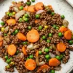 Ground beef dinner for kids - the image is a close-up of a plate of food. the plate is round and has a light brown color with a speckled texture. on top of the plate, there is a mixture of ground beef, carrots, peas, and onions. the beef appears to be cooked and is mixed with the vegetables. the carrots are bright orange and the peas are green. the onions are white and are scattered throughout the dish. the dish looks fresh and appetizing.