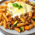 Ground beef dinner for kids - the image shows a plate of pasta dish with a layer of ground beef and vegetables on top. the pasta appears to be fusilli, which is a type of spiral-shaped pasta, and is cooked until it is golden brown. the ground beef is mixed with diced carrots, zucchini, and other vegetables, and there is a dollop of melted cheese on top of the dish. the dish is garnished with a sprig of fresh basil. the plate is sitting on a white marble countertop.