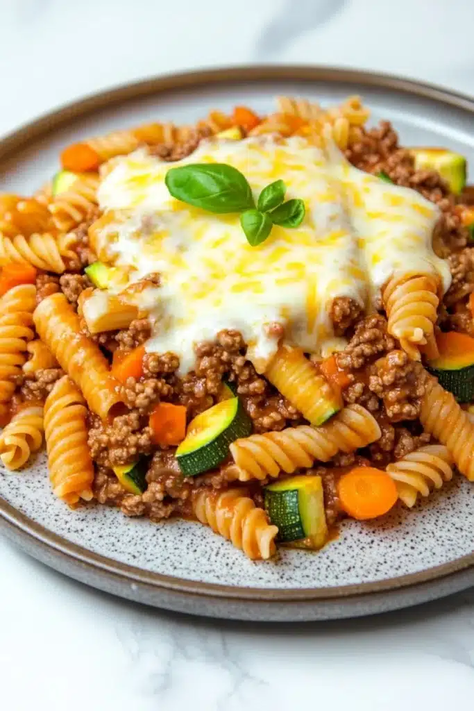 Ground beef dinner for kids - the image shows a plate of pasta dish with a layer of ground beef and vegetables on top. the pasta appears to be fusilli, which is a type of spiral-shaped pasta, and is cooked until it is golden brown. the ground beef is mixed with diced carrots, zucchini, and other vegetables, and there is a dollop of melted cheese on top of the dish. the dish is garnished with a sprig of fresh basil. the plate is sitting on a white marble countertop.